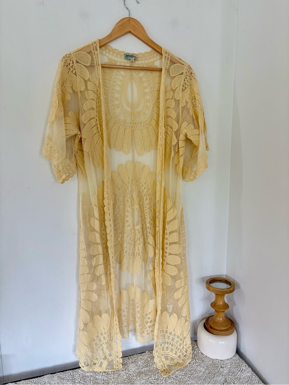 REBELLION AGAIN Sm Sheer Embroidery Yellow Kimono Mesh 43” L Boho Festival Beach - Picture 4 of 11